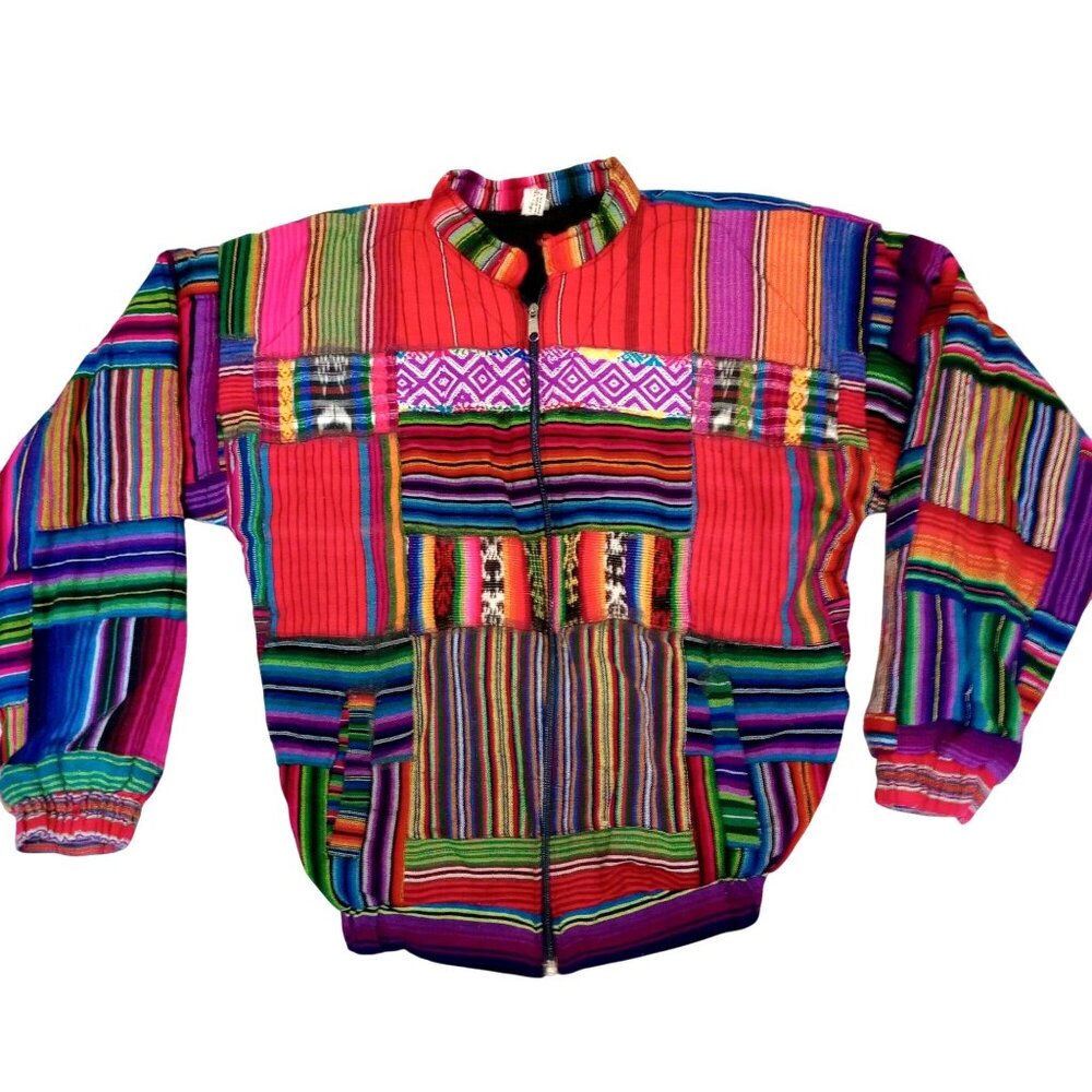 Vintage Serape Jacket Boho Bomber Festival Multicolor Patchwork Zipper L